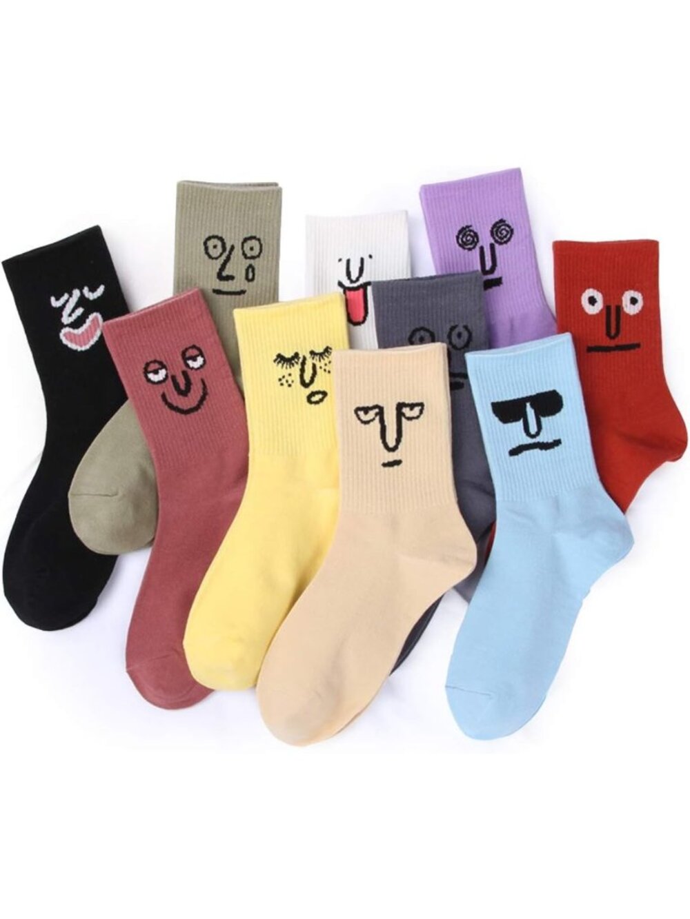 10-Pack Funny Emotion Crew Socks - Soft Cotton, 10 Unique Designs & Colors